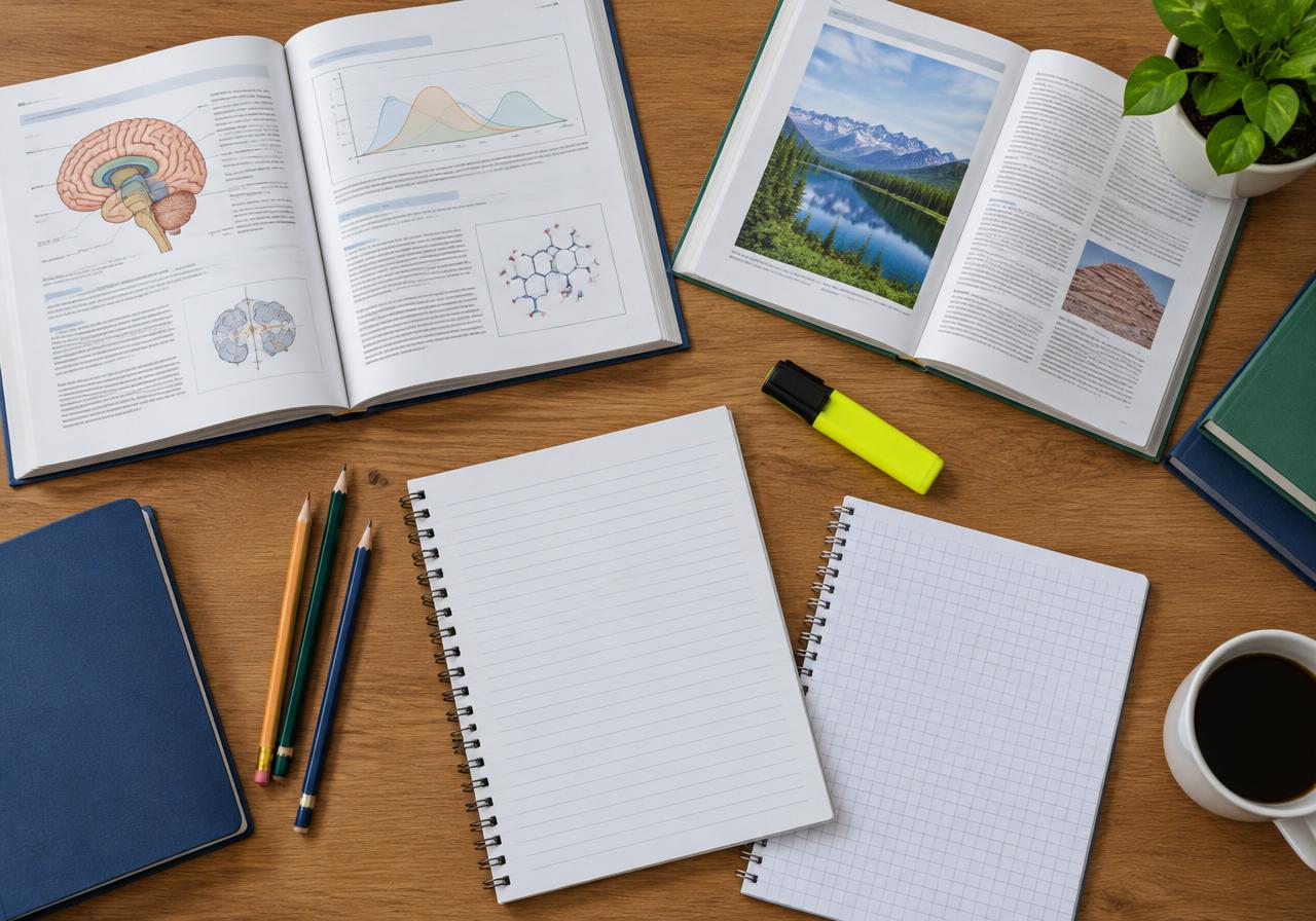 Livros abertos, cadernos, lápis e marcador amarelo sobre uma mesa